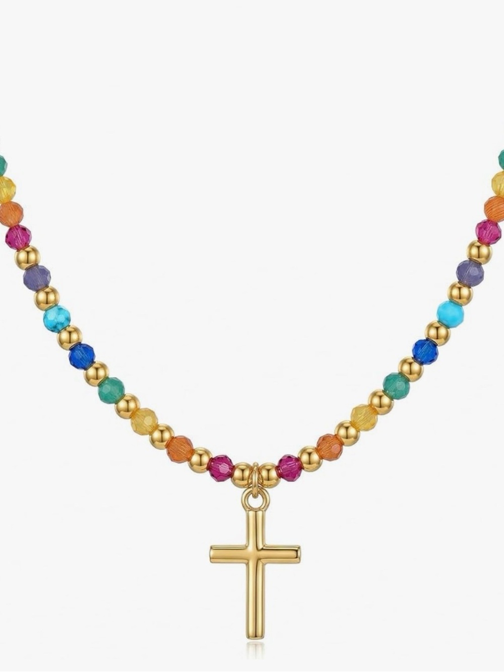 Gold Cross Multicolor Beaded Necklace - Women Jewelry